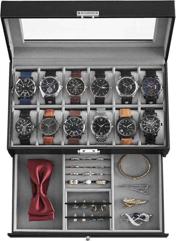 SONGMICS 12-Slot Watch Box, Lockable Watch Case with Glass Lid, 2 Layers, with 1 Drawer for Rings, Bracelets, Gift Idea, Black Synthetic Leather - 1