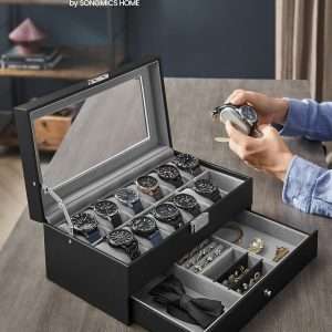 SONGMICS 12-Slot Watch Box, Lockable Watch Case with Glass Lid, 2 Layers, with 1 Drawer for Rings, Bracelets, Gift Idea, Black Synthetic Leather - 2
