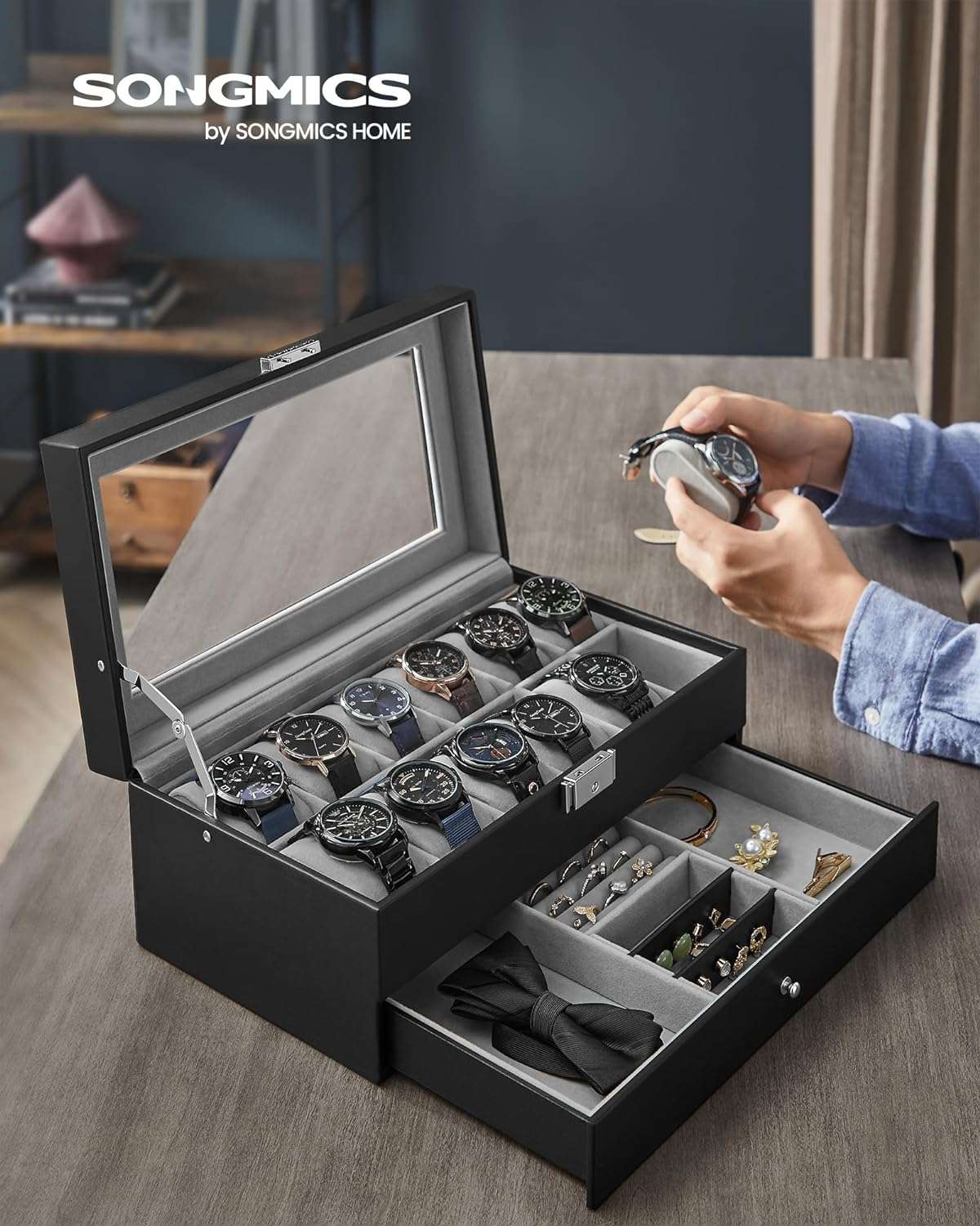 SONGMICS 12-Slot Watch Box, Lockable Watch Case with Glass Lid, 2 Layers, with 1 Drawer for Rings, Bracelets, Gift Idea, Black Synthetic Leather - 2
