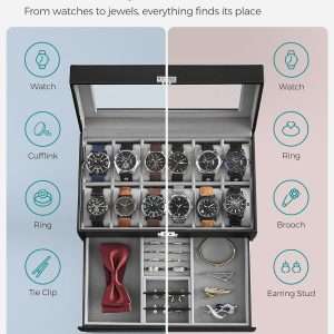 SONGMICS 12-Slot Watch Box, Lockable Watch Case with Glass Lid, 2 Layers, with 1 Drawer for Rings, Bracelets, Gift Idea, Black Synthetic Leather - 3