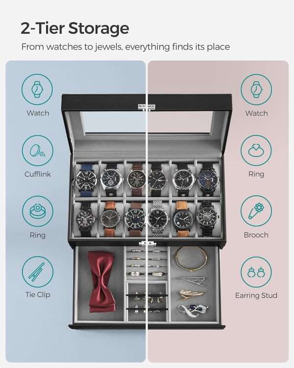 SONGMICS 12-Slot Watch Box, Lockable Watch Case with Glass Lid, 2 Layers, with 1 Drawer for Rings, Bracelets, Gift Idea, Black Synthetic Leather - 3