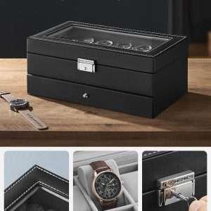 SONGMICS 12-Slot Watch Box, Lockable Watch Case with Glass Lid, 2 Layers, with 1 Drawer for Rings, Bracelets, Gift Idea, Black Synthetic Leather - 4