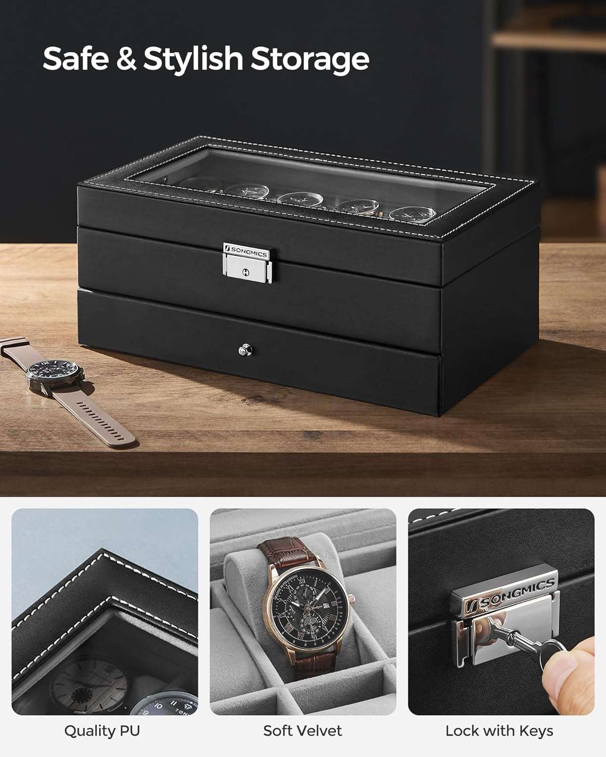 SONGMICS 12-Slot Watch Box, Lockable Watch Case with Glass Lid, 2 Layers, with 1 Drawer for Rings, Bracelets, Gift Idea, Black Synthetic Leather - 4