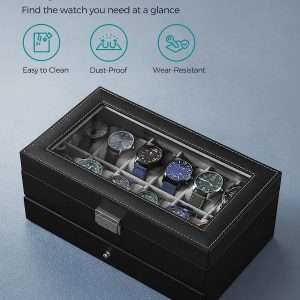 SONGMICS 12-Slot Watch Box, Lockable Watch Case with Glass Lid, 2 Layers, with 1 Drawer for Rings, Bracelets, Gift Idea, Black Synthetic Leather - 5