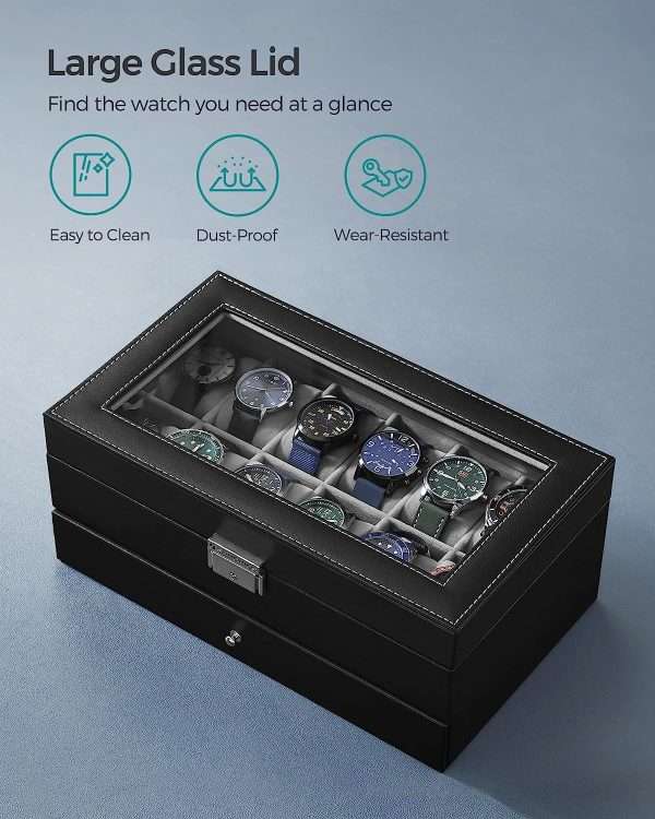 SONGMICS 12-Slot Watch Box, Lockable Watch Case with Glass Lid, 2 Layers, with 1 Drawer for Rings, Bracelets, Gift Idea, Black Synthetic Leather - 5
