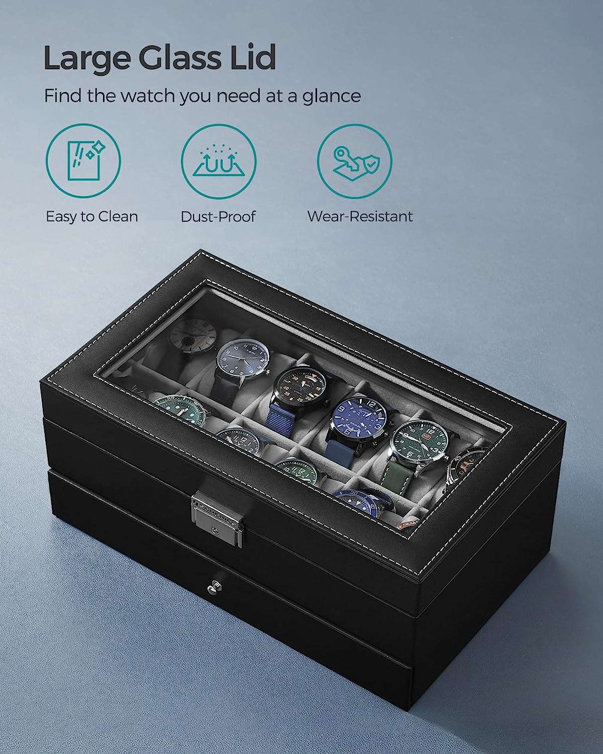 SONGMICS 12-Slot Watch Box, Lockable Watch Case with Glass Lid, 2 Layers, with 1 Drawer for Rings, Bracelets, Gift Idea, Black Synthetic Leather - 5