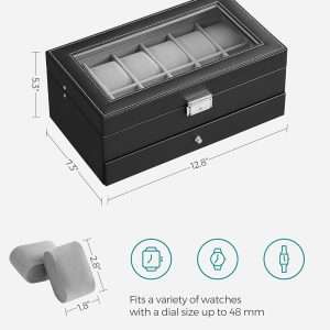 SONGMICS 12-Slot Watch Box, Lockable Watch Case with Glass Lid, 2 Layers, with 1 Drawer for Rings, Bracelets, Gift Idea, Black Synthetic Leather - 6