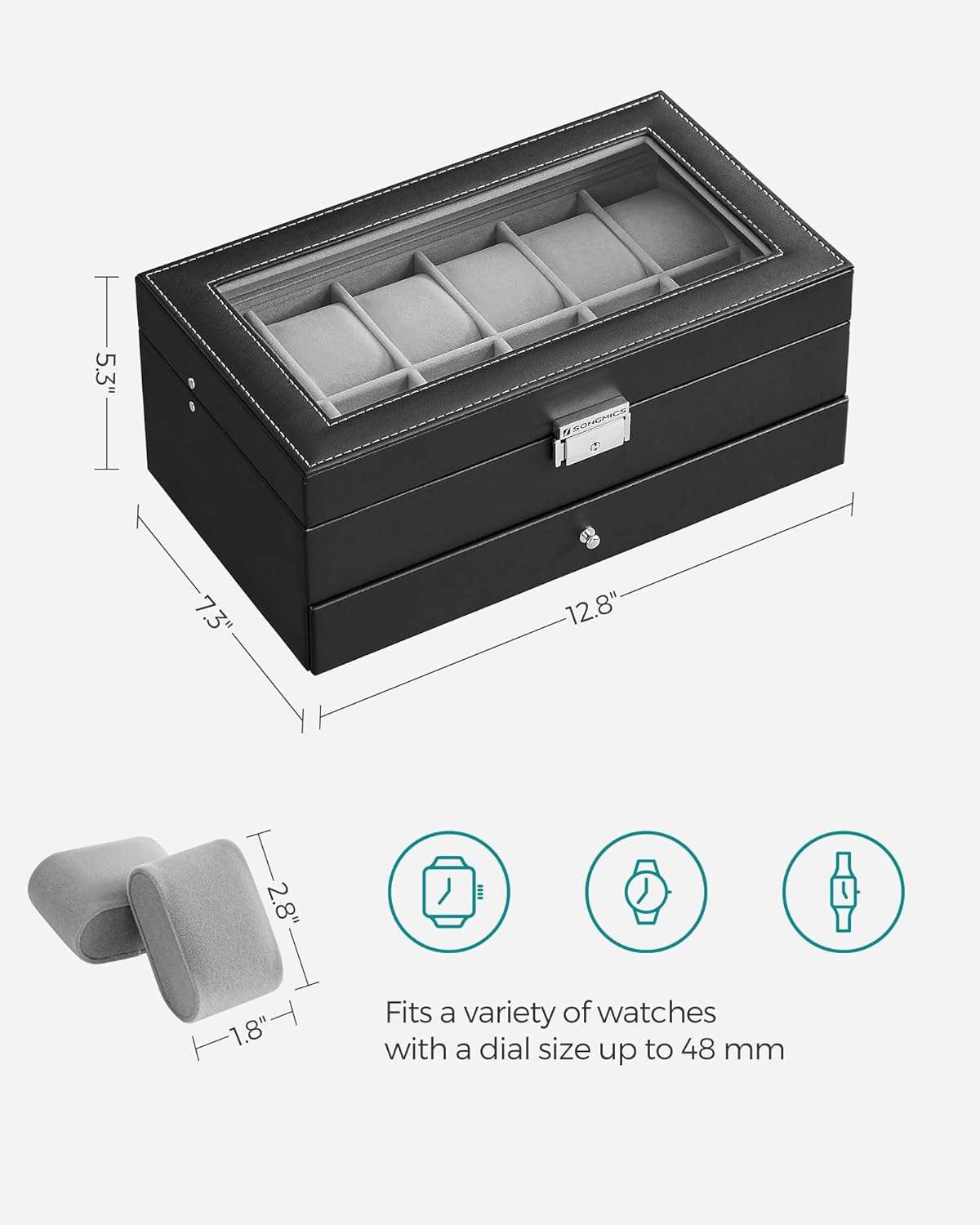SONGMICS 12-Slot Watch Box, Lockable Watch Case with Glass Lid, 2 Layers, with 1 Drawer for Rings, Bracelets, Gift Idea, Black Synthetic Leather - 6