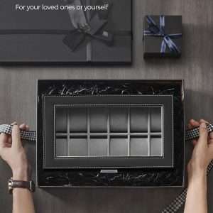 SONGMICS 12-Slot Watch Box, Lockable Watch Case with Glass Lid, 2 Layers, with 1 Drawer for Rings, Bracelets, Gift Idea, Black Synthetic Leather - 7