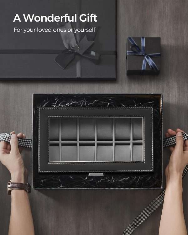SONGMICS 12-Slot Watch Box, Lockable Watch Case with Glass Lid, 2 Layers, with 1 Drawer for Rings, Bracelets, Gift Idea, Black Synthetic Leather - 7