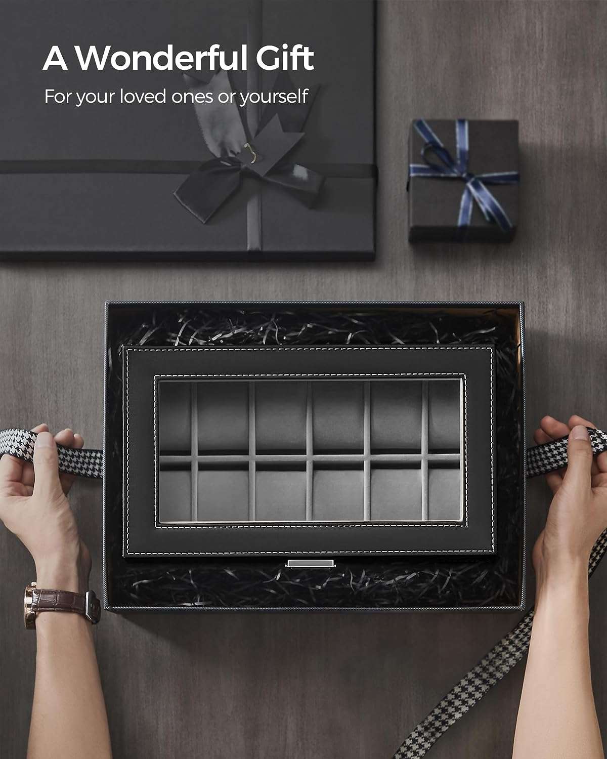 SONGMICS 12-Slot Watch Box, Lockable Watch Case with Glass Lid, 2 Layers, with 1 Drawer for Rings, Bracelets, Gift Idea, Black Synthetic Leather - 7