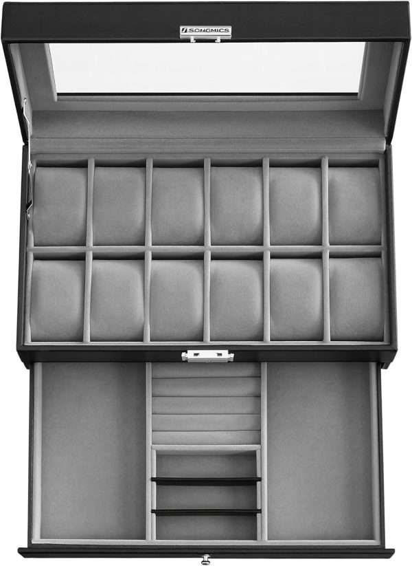 SONGMICS 12-Slot Watch Box, Lockable Watch Case with Glass Lid, 2 Layers, with 1 Drawer for Rings, Bracelets, Gift Idea, Black Synthetic Leather - 8