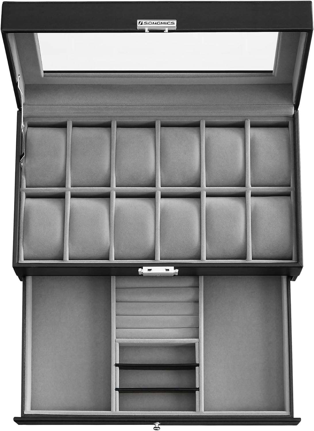 SONGMICS 12-Slot Watch Box, Lockable Watch Case with Glass Lid, 2 Layers, with 1 Drawer for Rings, Bracelets, Gift Idea, Black Synthetic Leather - 8