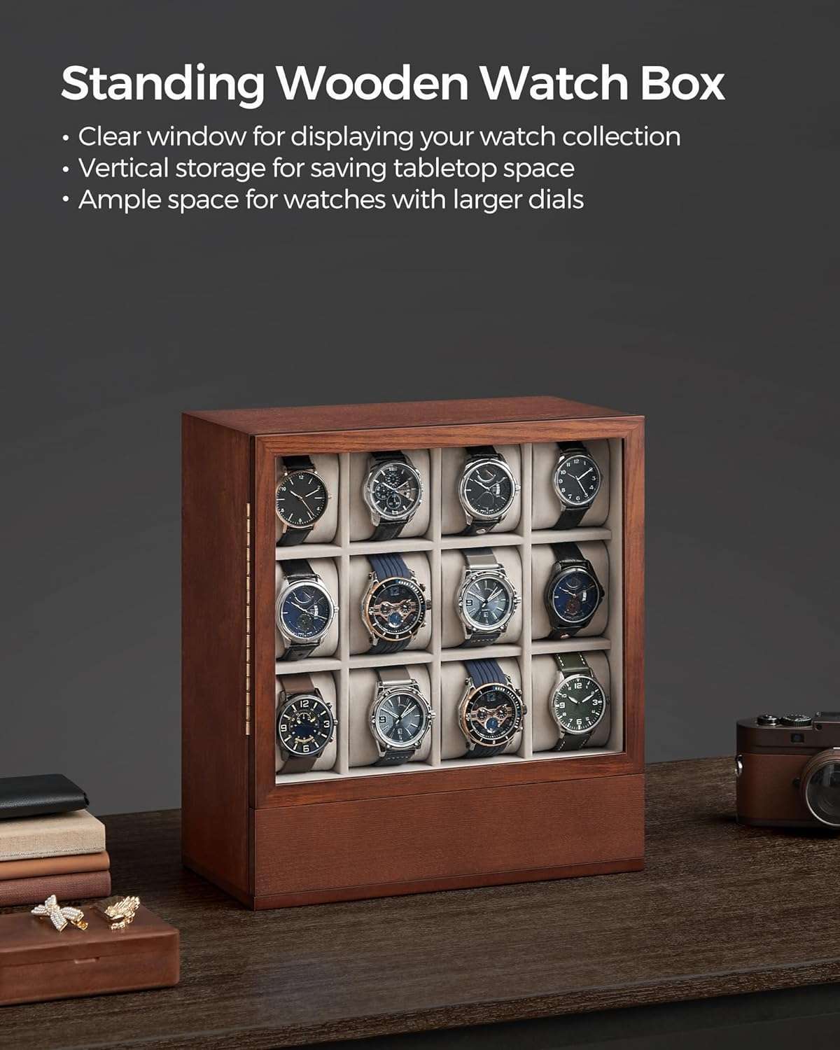 SONGMICS 12-Slot Wooden Watch Box, Watch Display Case with Window, Watch Display Cabinet with Solid Wood Veneer, Velvet Lining, Vertical Storage - 2