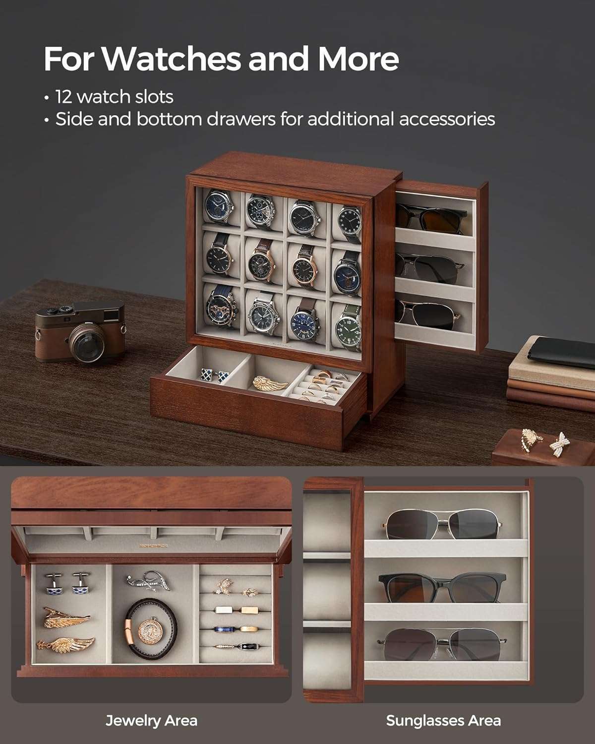 SONGMICS 12-Slot Wooden Watch Box, Watch Display Case with Window, Watch Display Cabinet with Solid Wood Veneer, Velvet Lining, Vertical Storage - 3