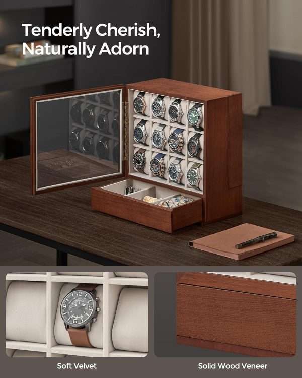 SONGMICS 12-Slot Wooden Watch Box, Watch Display Case with Window, Watch Display Cabinet with Solid Wood Veneer, Velvet Lining, Vertical Storage - 4