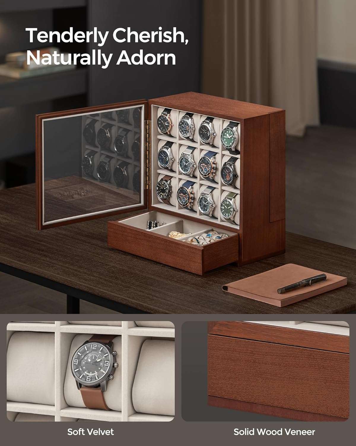 SONGMICS 12-Slot Wooden Watch Box, Watch Display Case with Window, Watch Display Cabinet with Solid Wood Veneer, Velvet Lining, Vertical Storage - 4