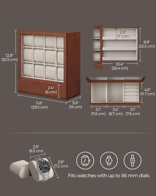 SONGMICS 12-Slot Wooden Watch Box, Watch Display Case with Window, Watch Display Cabinet with Solid Wood Veneer, Velvet Lining, Vertical Storage - 5