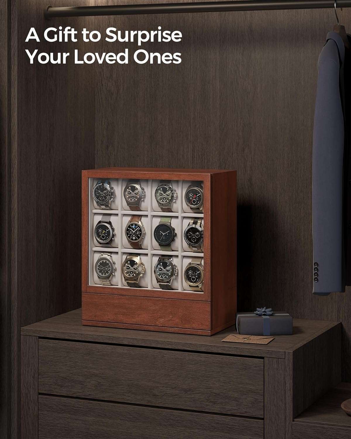 SONGMICS 12-Slot Wooden Watch Box, Watch Display Case with Window, Watch Display Cabinet with Solid Wood Veneer, Velvet Lining, Vertical Storage - 6
