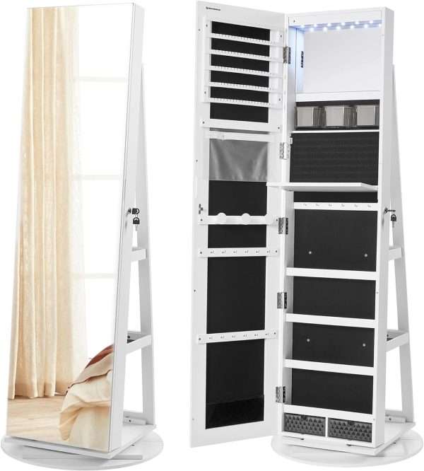 SONGMICS 6 LEDs Lockable Mirror Jewelry Cabinet, 360° Swivel Jewelry Organizer, Standing Jewelry Armoire, Frameless Full-Length Mirror, 3 Storage Shelves - 1