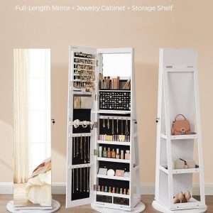 SONGMICS 6 LEDs Lockable Mirror Jewelry Cabinet, 360° Swivel Jewelry Organizer, Standing Jewelry Armoire, Frameless Full-Length Mirror, 3 Storage Shelves - 3