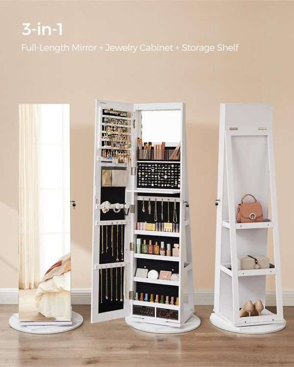 SONGMICS 6 LEDs Lockable Mirror Jewelry Cabinet, 360° Swivel Jewelry Organizer, Standing Jewelry Armoire, Frameless Full-Length Mirror, 3 Storage Shelves - 3