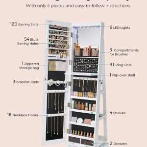 SONGMICS 6 LEDs Lockable Mirror Jewelry Cabinet, 360° Swivel Jewelry Organizer, Standing Jewelry Armoire, Frameless Full-Length Mirror, 3 Storage Shelves - 4