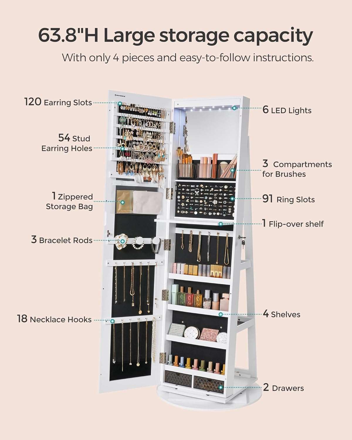 SONGMICS 6 LEDs Lockable Mirror Jewelry Cabinet, 360° Swivel Jewelry Organizer, Standing Jewelry Armoire, Frameless Full-Length Mirror, 3 Storage Shelves - 4