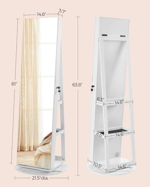 SONGMICS 6 LEDs Lockable Mirror Jewelry Cabinet, 360° Swivel Jewelry Organizer, Standing Jewelry Armoire, Frameless Full-Length Mirror, 3 Storage Shelves - 6