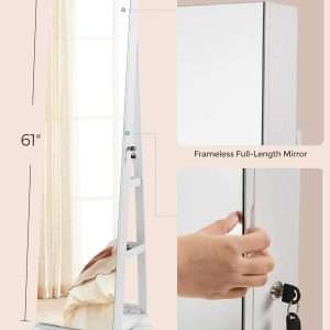 SONGMICS 6 LEDs Lockable Mirror Jewelry Cabinet, 360° Swivel Jewelry Organizer, Standing Jewelry Armoire, Frameless Full-Length Mirror, 3 Storage Shelves - 8