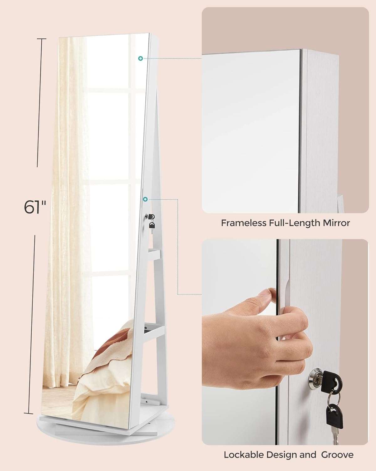 SONGMICS 6 LEDs Lockable Mirror Jewelry Cabinet, 360° Swivel Jewelry Organizer, Standing Jewelry Armoire, Frameless Full-Length Mirror, 3 Storage Shelves - 8