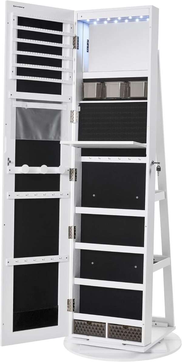 SONGMICS 6 LEDs Lockable Mirror Jewelry Cabinet, 360° Swivel Jewelry Organizer, Standing Jewelry Armoire, Frameless Full-Length Mirror, 3 Storage Shelves - 9