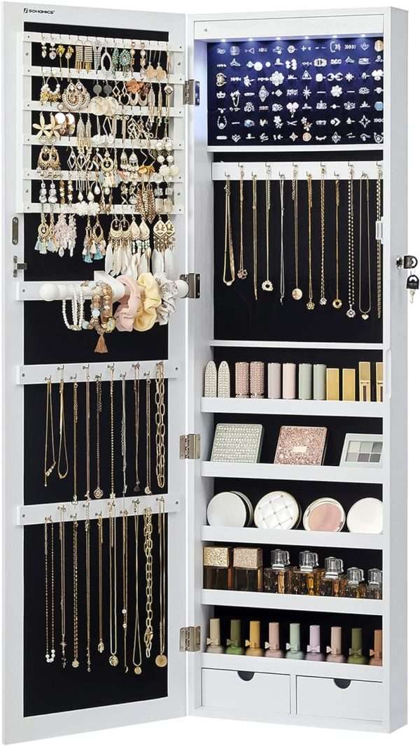SONGMICS 6 LEDs Mirror Jewelry Cabinet, 47.2-Inch Tall Lockable Wall or Door Mounted Jewelry Armoire Organizer with Mirror, 2 Drawers - 1