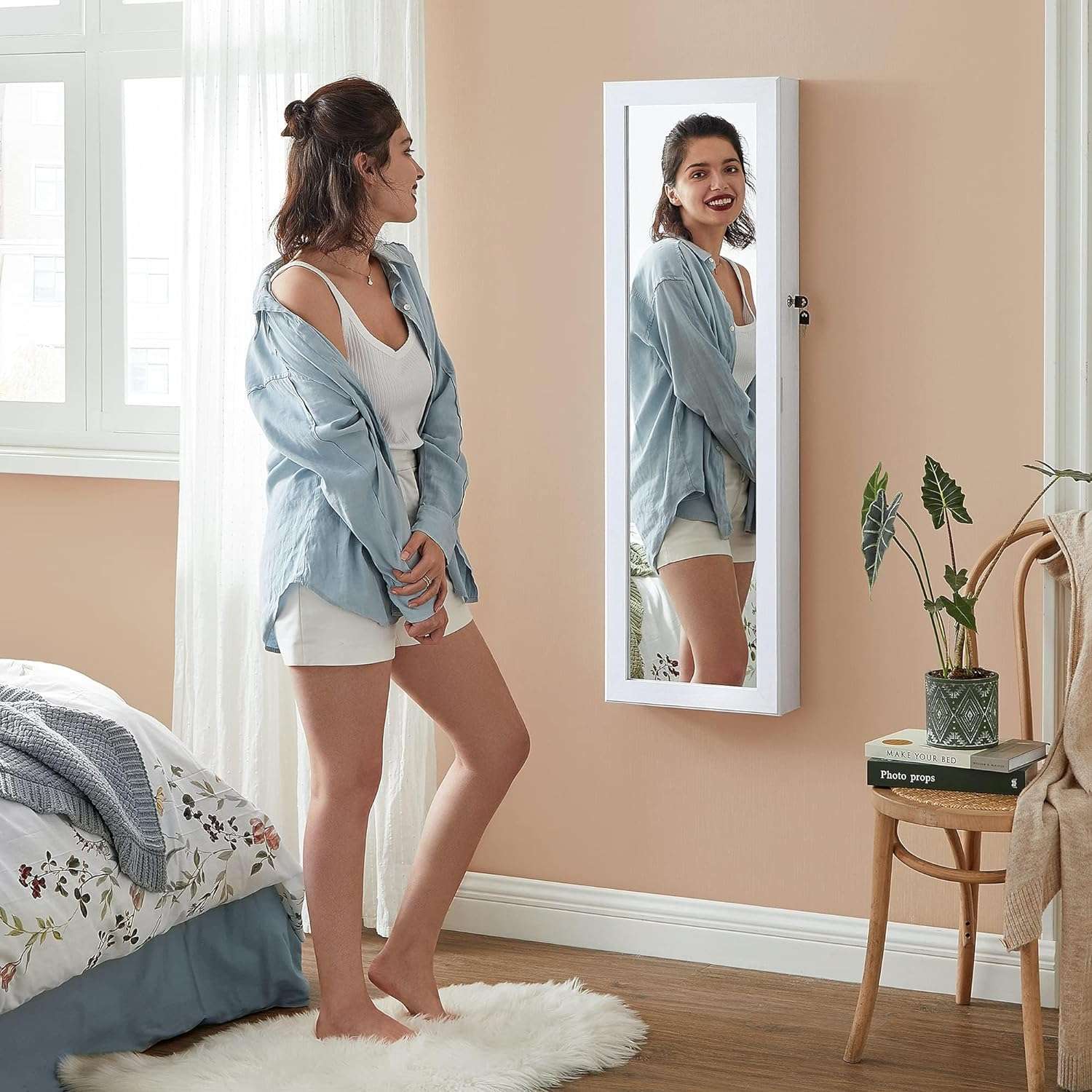 SONGMICS 6 LEDs Mirror Jewelry Cabinet, 47.2-Inch Tall Lockable Wall or Door Mounted Jewelry Armoire Organizer with Mirror, 2 Drawers - 2