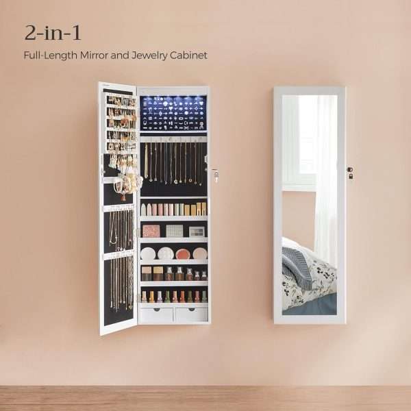 SONGMICS 6 LEDs Mirror Jewelry Cabinet, 47.2-Inch Tall Lockable Wall or Door Mounted Jewelry Armoire Organizer with Mirror, 2 Drawers - 3