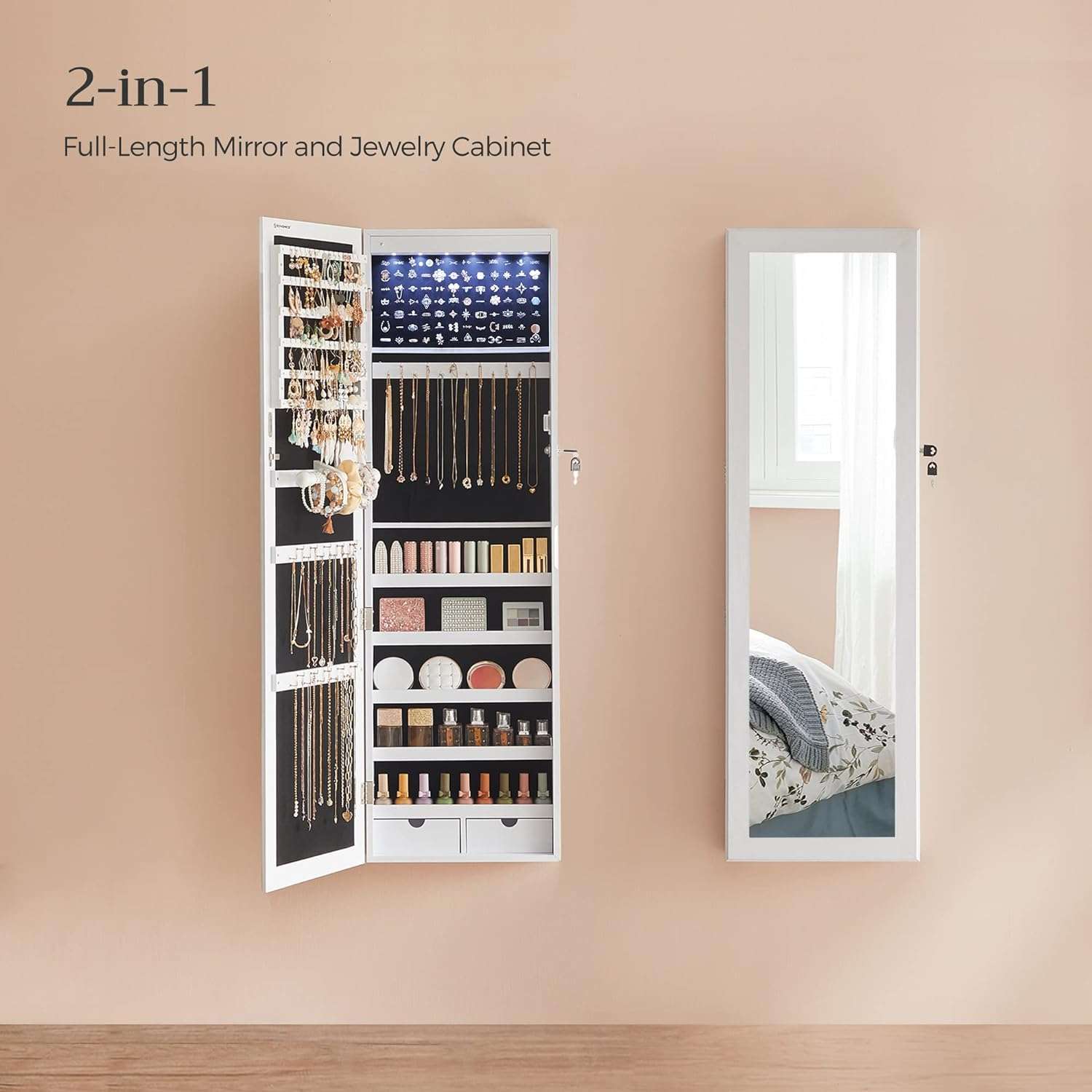 SONGMICS 6 LEDs Mirror Jewelry Cabinet, 47.2-Inch Tall Lockable Wall or Door Mounted Jewelry Armoire Organizer with Mirror, 2 Drawers - 3