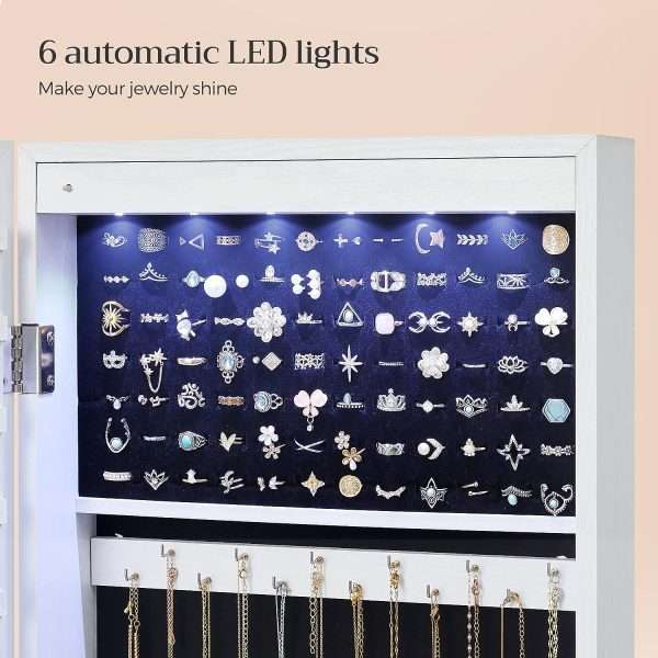 SONGMICS 6 LEDs Mirror Jewelry Cabinet, 47.2-Inch Tall Lockable Wall or Door Mounted Jewelry Armoire Organizer with Mirror, 2 Drawers - 4