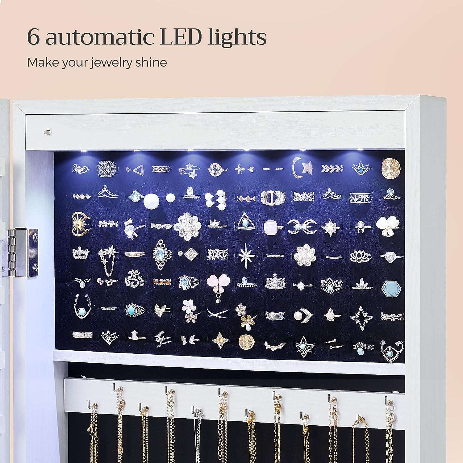 SONGMICS 6 LEDs Mirror Jewelry Cabinet, 47.2-Inch Tall Lockable Wall or Door Mounted Jewelry Armoire Organizer with Mirror, 2 Drawers - 4