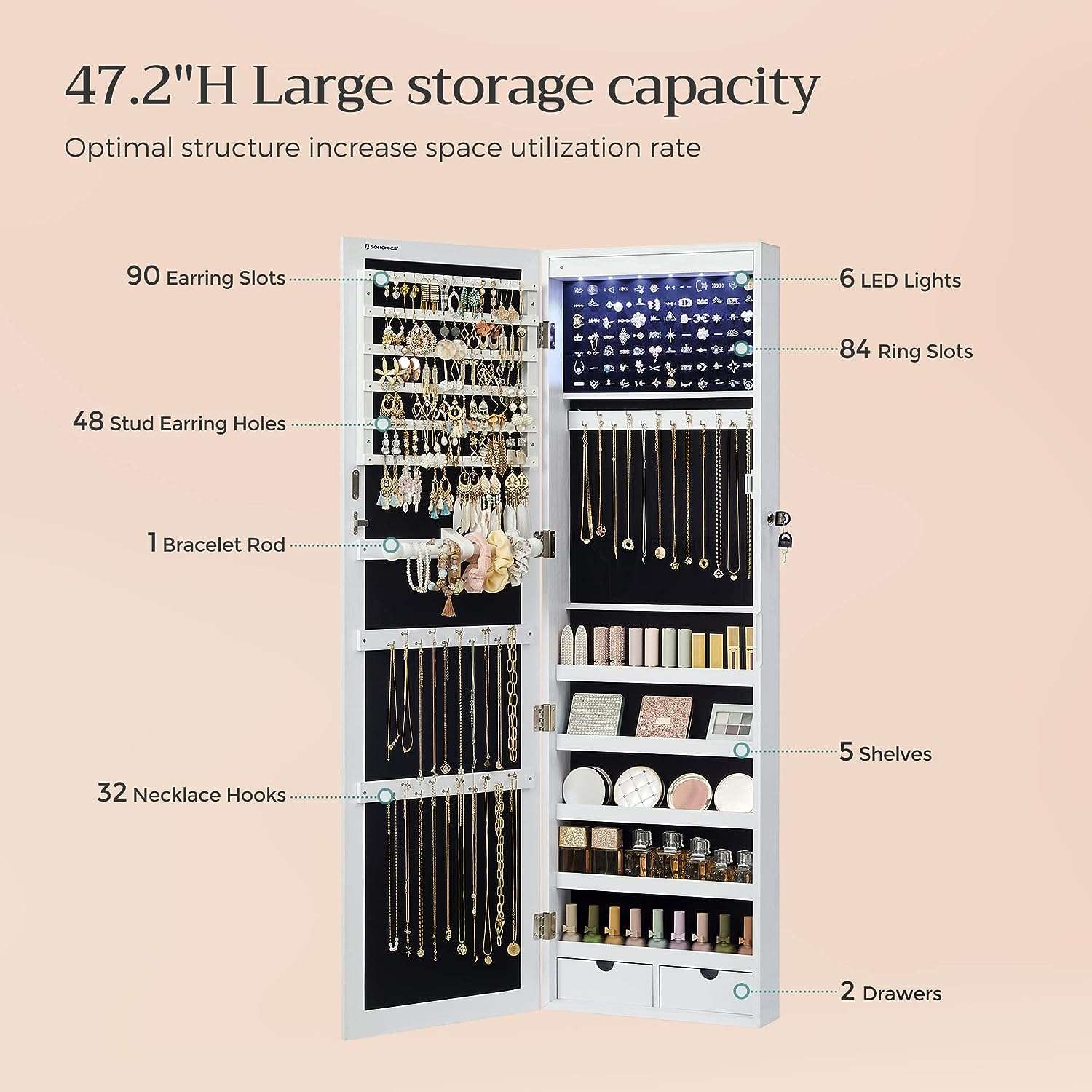 SONGMICS 6 LEDs Mirror Jewelry Cabinet, 47.2-Inch Tall Lockable Wall or Door Mounted Jewelry Armoire Organizer with Mirror, 2 Drawers - 5