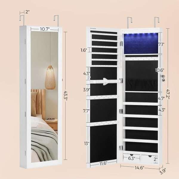 SONGMICS 6 LEDs Mirror Jewelry Cabinet, 47.2-Inch Tall Lockable Wall or Door Mounted Jewelry Armoire Organizer with Mirror, 2 Drawers - 6