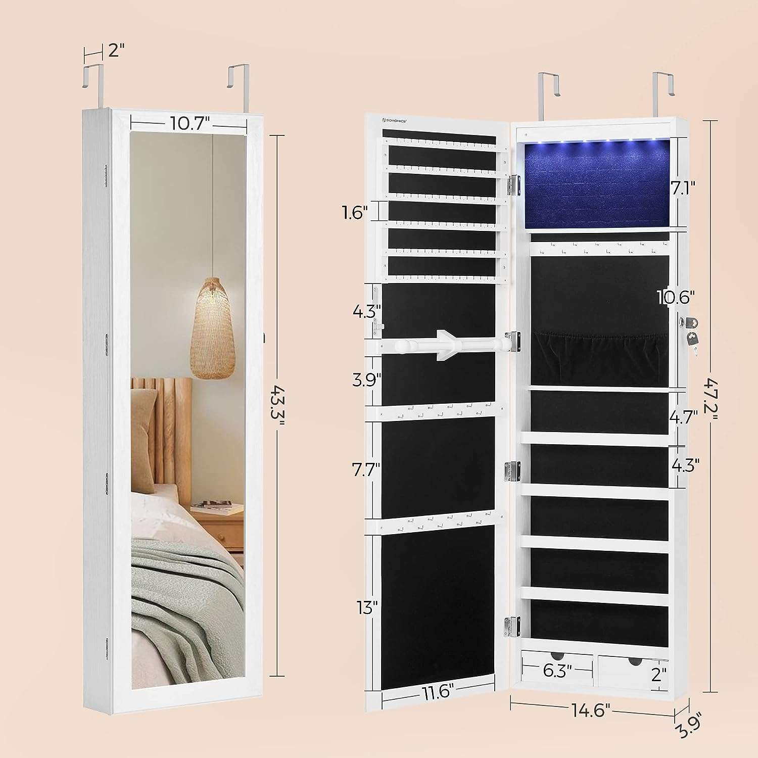 SONGMICS 6 LEDs Mirror Jewelry Cabinet, 47.2-Inch Tall Lockable Wall or Door Mounted Jewelry Armoire Organizer with Mirror, 2 Drawers - 6