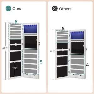 SONGMICS 6 LEDs Mirror Jewelry Cabinet, 47.2-Inch Tall Lockable Wall or Door Mounted Jewelry Armoire Organizer with Mirror, 2 Drawers - 7
