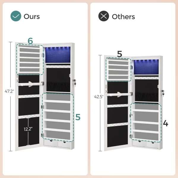 SONGMICS 6 LEDs Mirror Jewelry Cabinet, 47.2-Inch Tall Lockable Wall or Door Mounted Jewelry Armoire Organizer with Mirror, 2 Drawers - 7