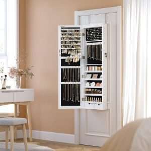 SONGMICS 6 LEDs Mirror Jewelry Cabinet, 47.2-Inch Tall Lockable Wall or Door Mounted Jewelry Armoire Organizer with Mirror, 2 Drawers - 8
