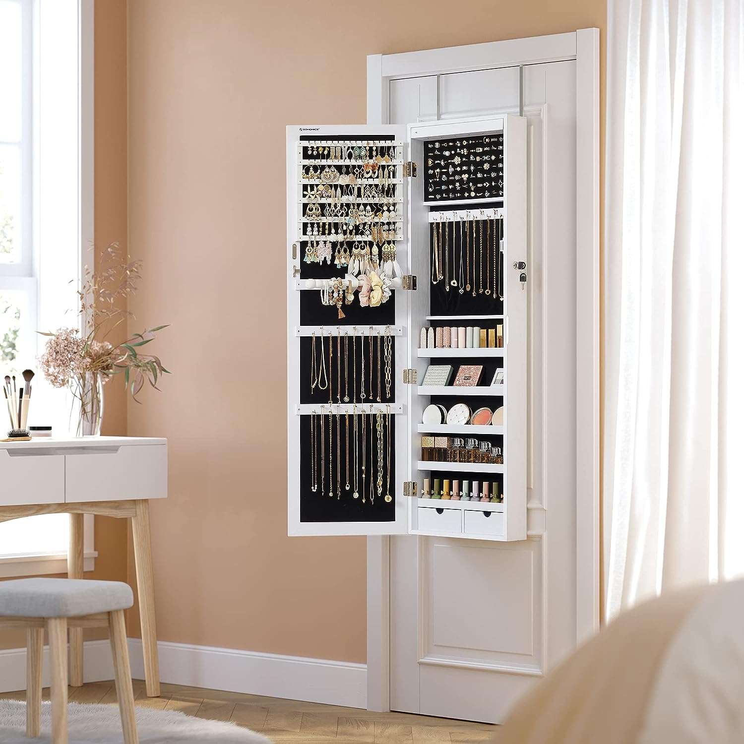 SONGMICS 6 LEDs Mirror Jewelry Cabinet, 47.2-Inch Tall Lockable Wall or Door Mounted Jewelry Armoire Organizer with Mirror, 2 Drawers - 8