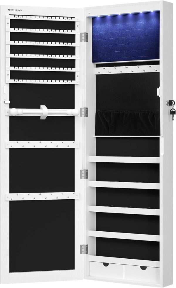 SONGMICS 6 LEDs Mirror Jewelry Cabinet, 47.2-Inch Tall Lockable Wall or Door Mounted Jewelry Armoire Organizer with Mirror, 2 Drawers - 9