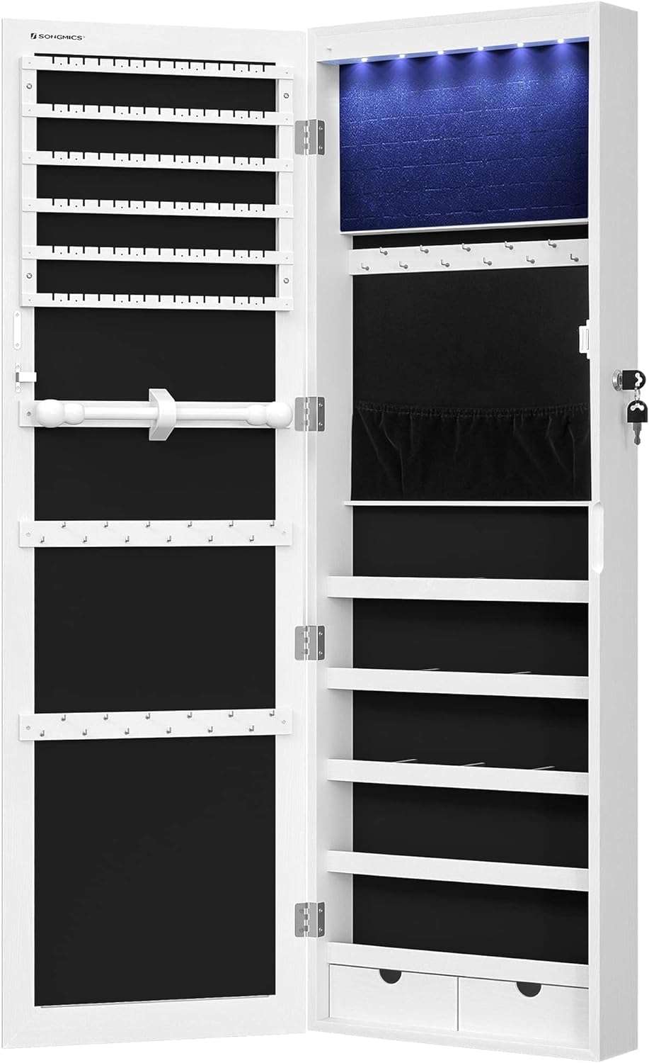 SONGMICS 6 LEDs Mirror Jewelry Cabinet, 47.2-Inch Tall Lockable Wall or Door Mounted Jewelry Armoire Organizer with Mirror, 2 Drawers - 9