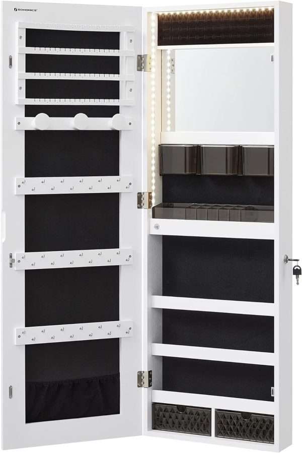 SONGMICS Jewelry Cabinet Armoire Organizer, Wall-Door Mount Storage Cabinet with Full-Length Frameless Lighted Mirror, Built-in Makeup Mirror, 2 Drawers - 1