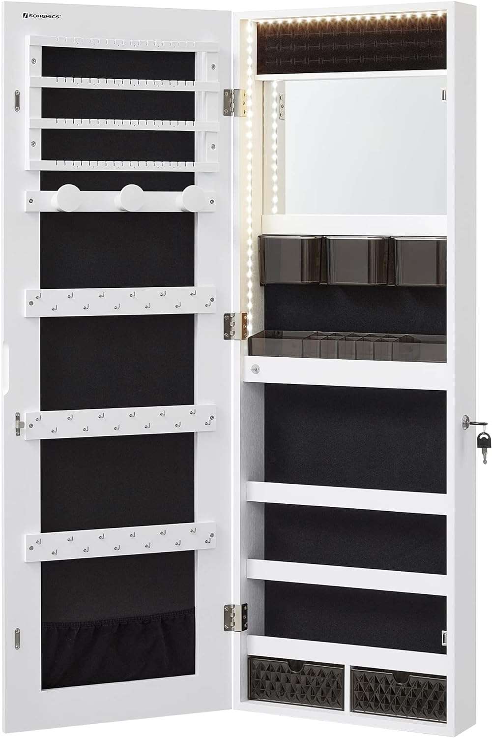 SONGMICS Jewelry Cabinet Armoire Organizer, Wall-Door Mount Storage Cabinet with Full-Length Frameless Lighted Mirror, Built-in Makeup Mirror, 2 Drawers - 1
