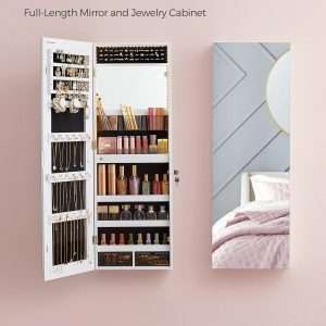 SONGMICS Jewelry Cabinet Armoire Organizer, Wall-Door Mount Storage Cabinet with Full-Length Frameless Lighted Mirror, Built-in Makeup Mirror, 2 Drawers - 2